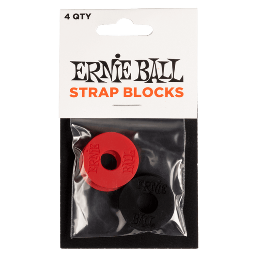 Strap Blocks para instrumentos de cuerda marca Ernie Ball, color negro y rojo