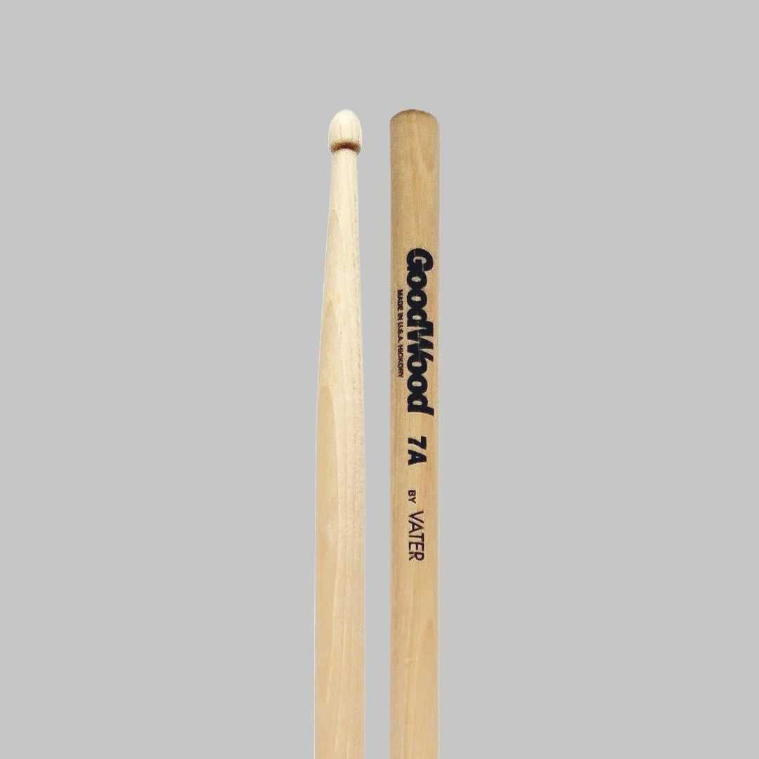 Baquetas para batería 7A marca Vater, madera hickory, punta de madera