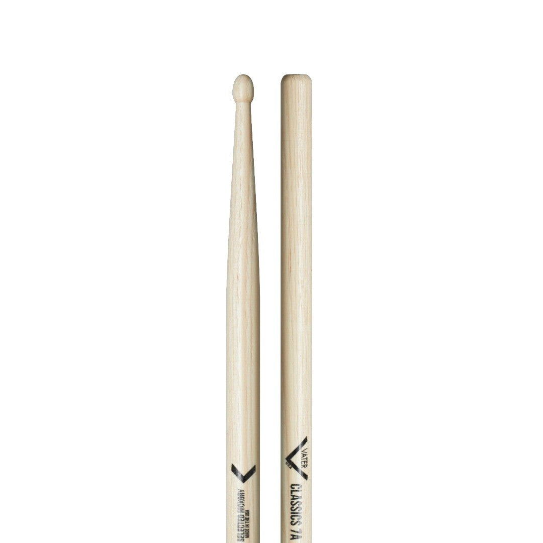 Baquetas para batería 7A marca Vater, madera hickory, punta de madera