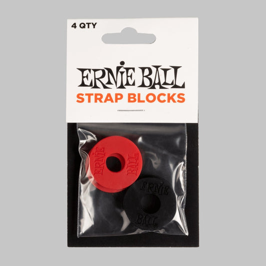 Strap Blocks para instrumentos de cuerda marca Ernie Ball, color negro y rojo