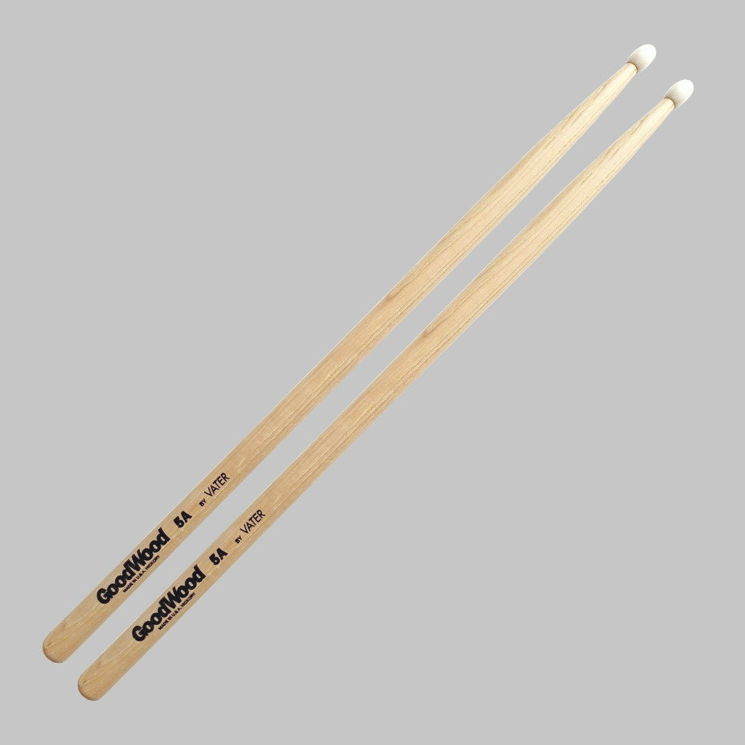 Baquetas para batería 5A marca Vater, madera hickory, punta de nylon