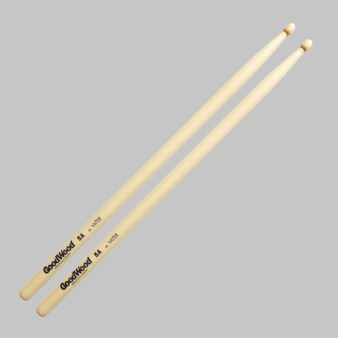 Baquetas para batería 5A marca Vater, madera hickory, punta de madera