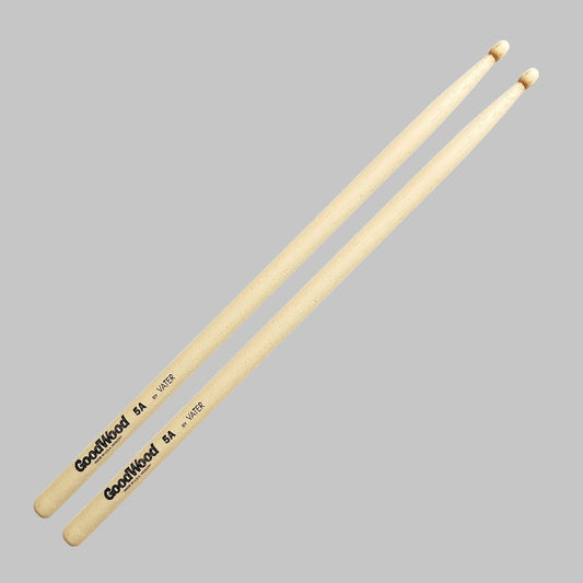 Baquetas para batería 5A marca Vater, madera hickory, punta de madera