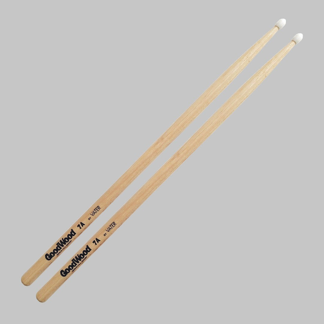 Baquetas para batería 7A marca Vater, madera hickory, punta de nylon