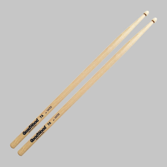 Baquetas para batería 7A marca Vater, madera hickory, punta de madera