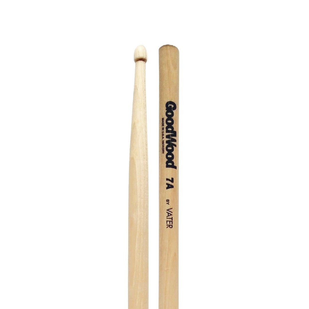 Baquetas para batería 7A marca Vater, madera hickory, punta de madera