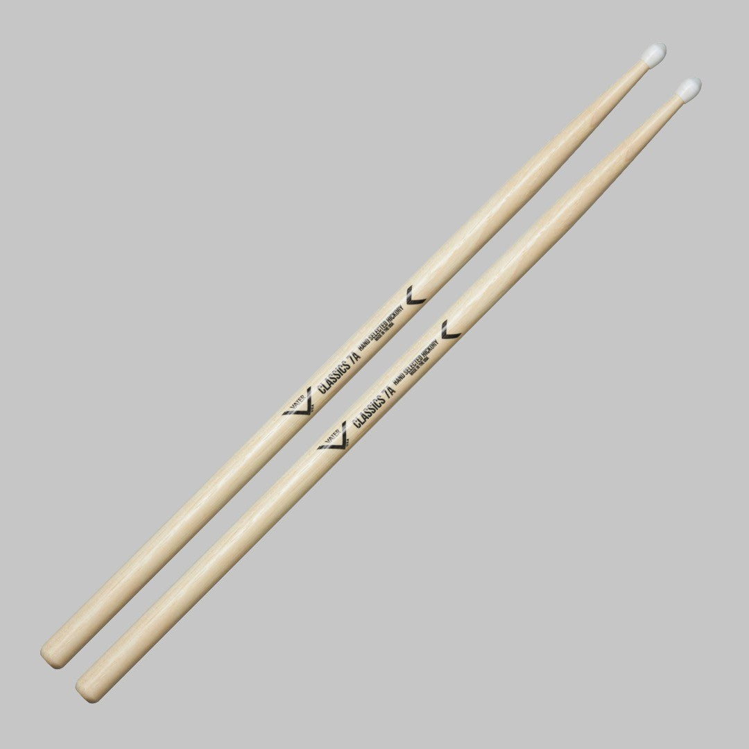 Baquetas para batería 7A marca Vater, madera hickory, punta de nylon