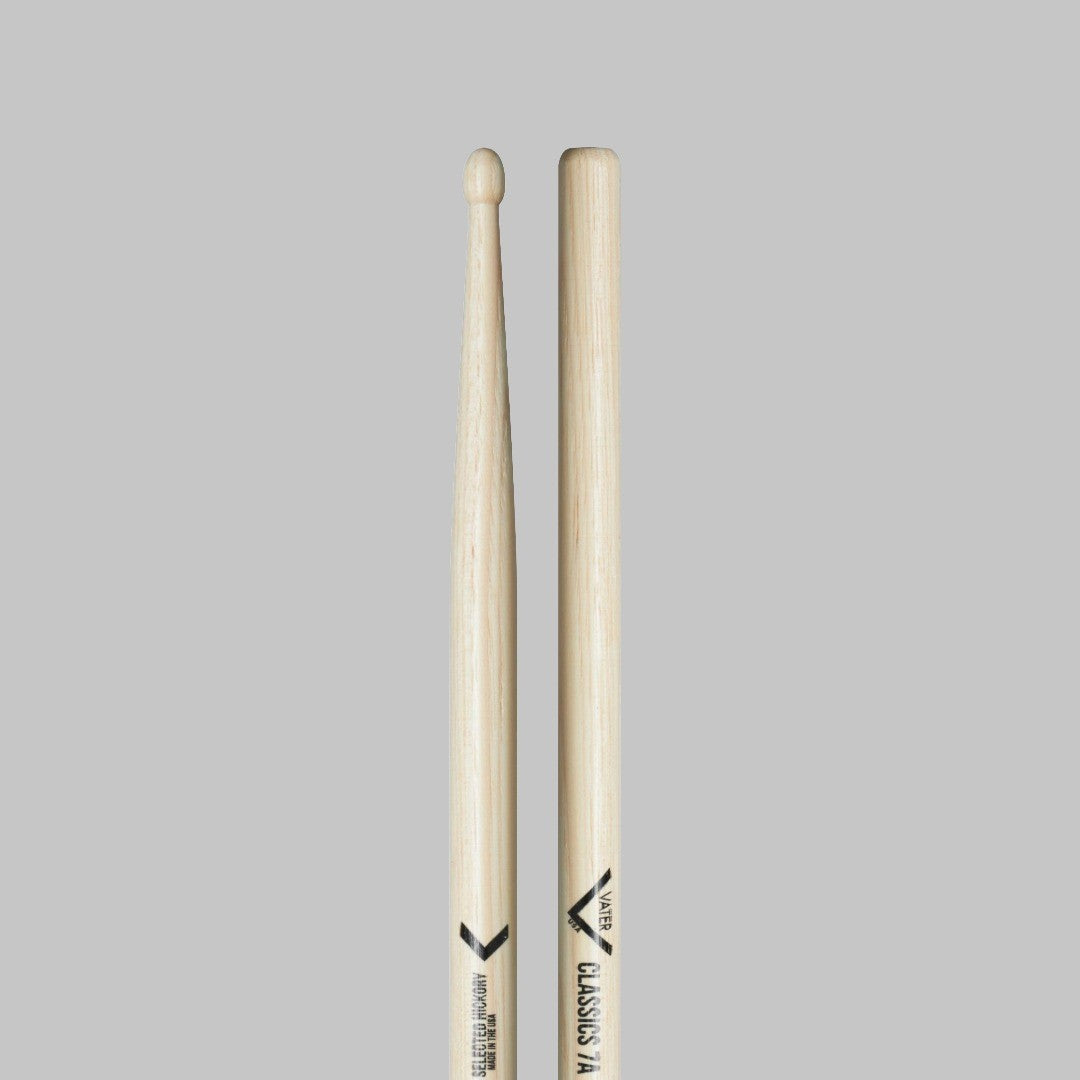 Baquetas para batería 7A marca Vater, madera hickory, punta de madera